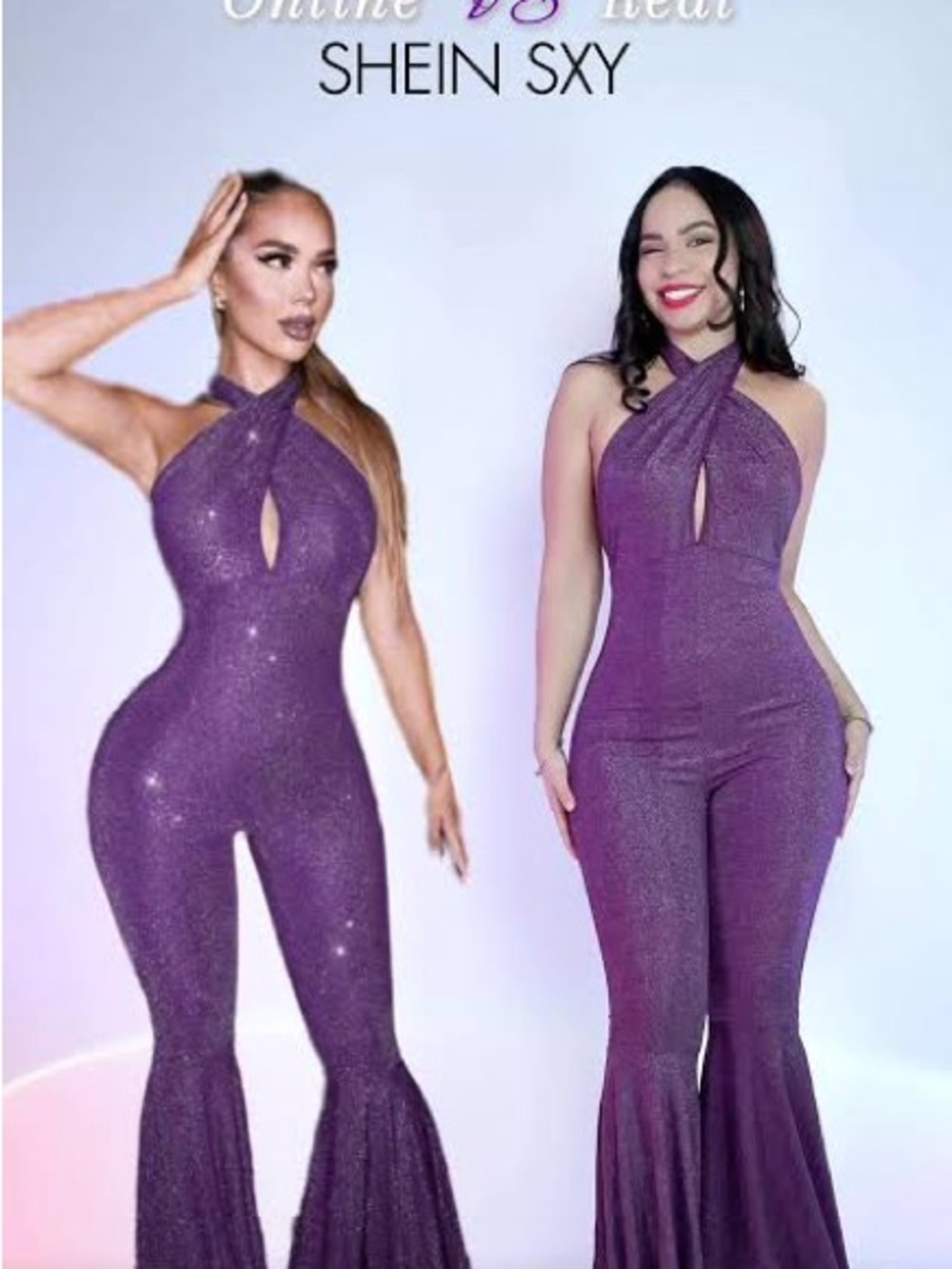 SHEIN Purple Glitter Halter Keyhole Flared Jumpsuit
